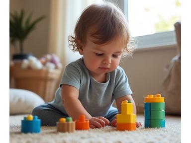Ребенок играет с игрушками в уютной домашней обстановке, отражая обучение через повседневные занятия.
