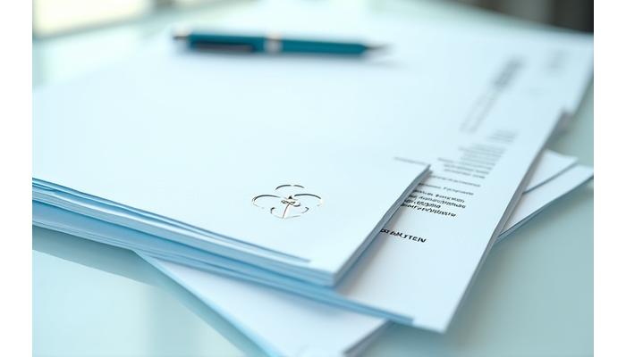 Изображение демонстрирующее медицинские и юридические документы, символизирующие прозрачность и соответствие требованиям. В кадре видны аккуратно сложенные документы, стилизованный значок медицинской помощи и перо для подписи, указывающие на сочетание заботы и законности.